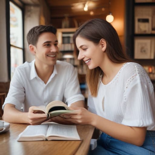 An image of two people wearing casual clothes, sharing a (((book))), pointing and discussing, in a bright cafe, detailed, realistic