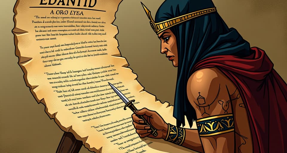  someone recounting words written on papyrus, each stroke, a sharp dagger. the style is digital art illustration / modern comic book / mysterious occult, symbolic, esoteric vibe,high detail on character design, incorporating ancient egyptian symbology and attire.