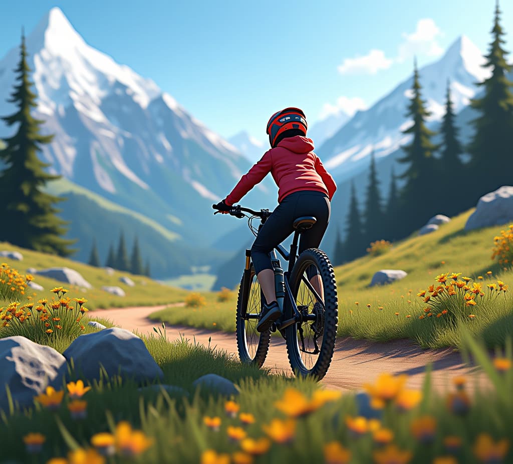  good quality, high quality, ultra qualify, background of game, girl play with bike in mountain, game