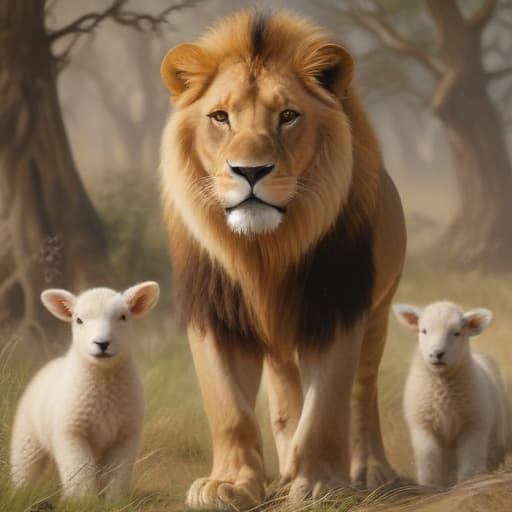 Picture of a lion standing tall protecting lambs in Oil painting style