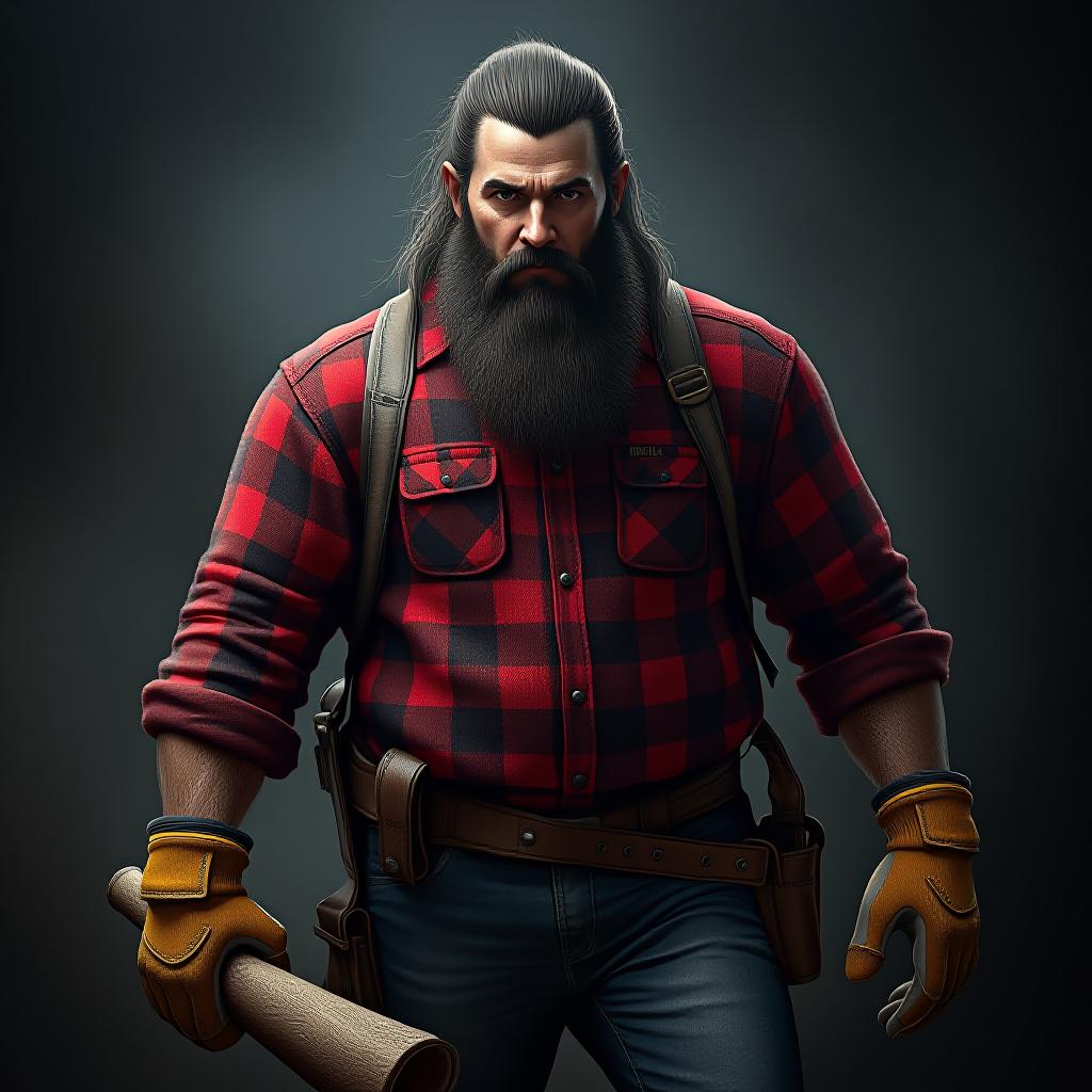  now make a lumberjack 6,10 220 pounds with a red checkered lumberjack sweater with yellowish brown working gloves dark or light jeans with slip on working boots with a dark big bushy beard and bushy long hair make sure it’s realistic and scary in a dark atmosphere and make sure hes tall, lean and scary