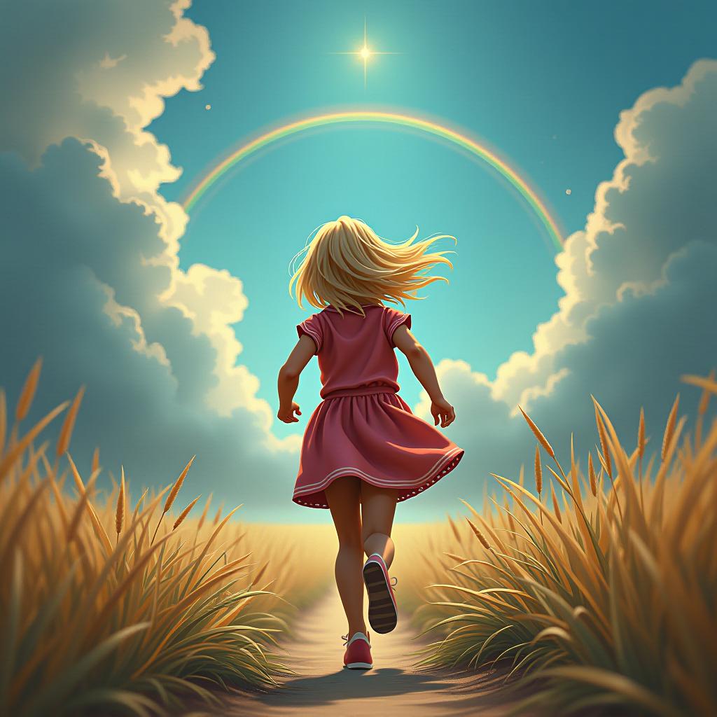  a blonde girl who is running towards her dream.