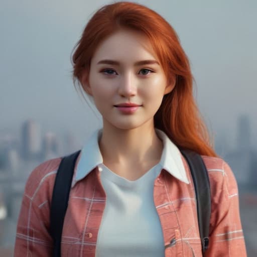 one beautiful young Red Head North Korean with preety eyes standing in one pose on the , ((one standing in one pose)), , ((in simple shirt and )), very skinny, ,((looking at viewer)), smile, ((pretty eyes)), close-up,, (((in simple clothes)))cute  hyperrealistic, full body, detailed clothing, highly detailed, cinematic lighting, stunningly beautiful, intricate, sharp focus, f/1. 8, 85mm, (centered image composition), (professionally color graded), ((bright soft diffused light)), volumetric fog, trending on instagram, trending on tumblr, HDR 4K, 8K