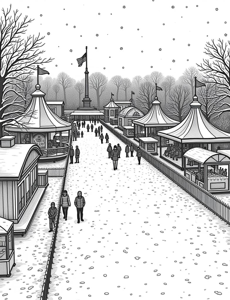  this is for an adult coloring page. a detailed black and white line art of a snowy winter carnival with people enjoying rides and games in the snow on a solid white background.