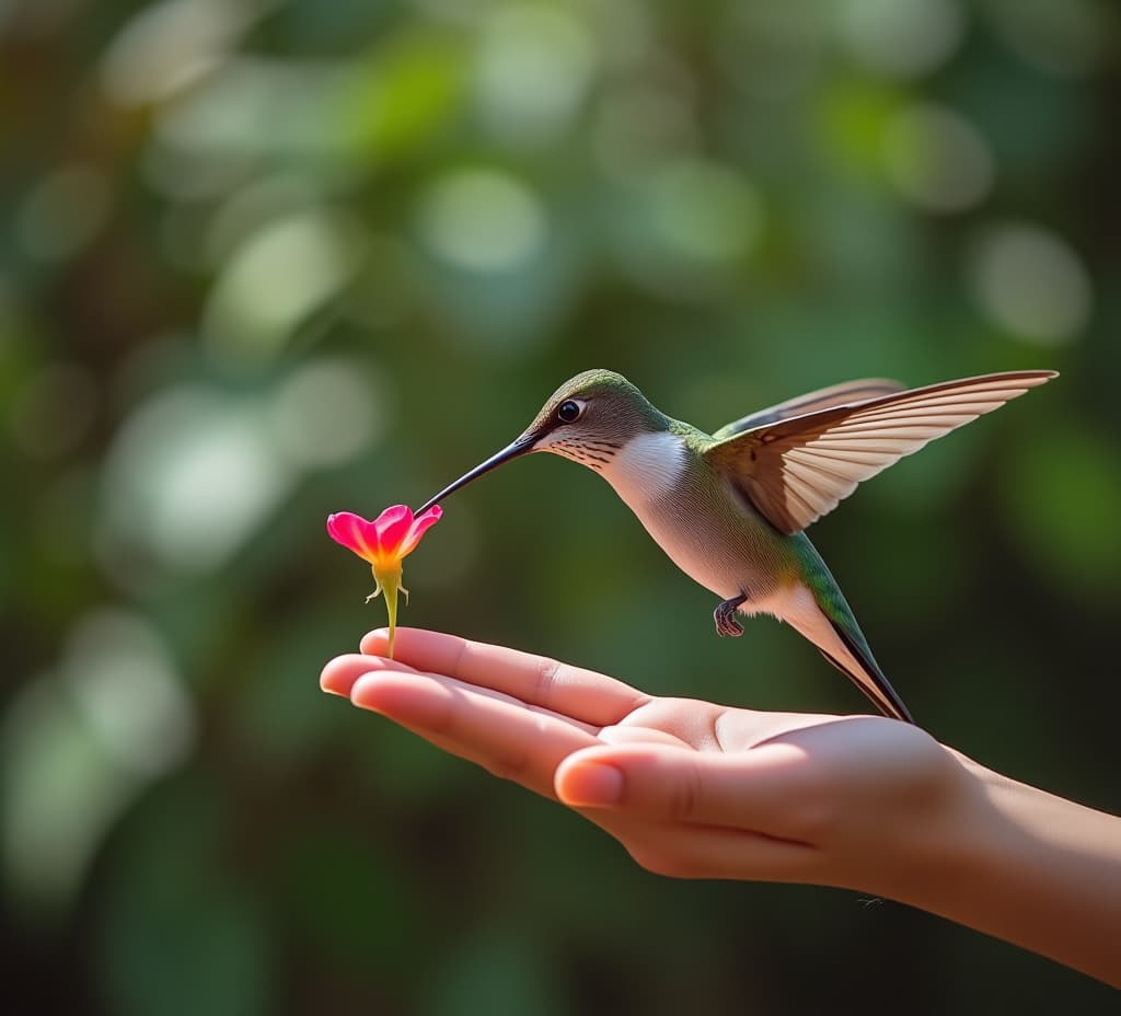  hummingbird approaches human hand for food in polluted outdoor setting