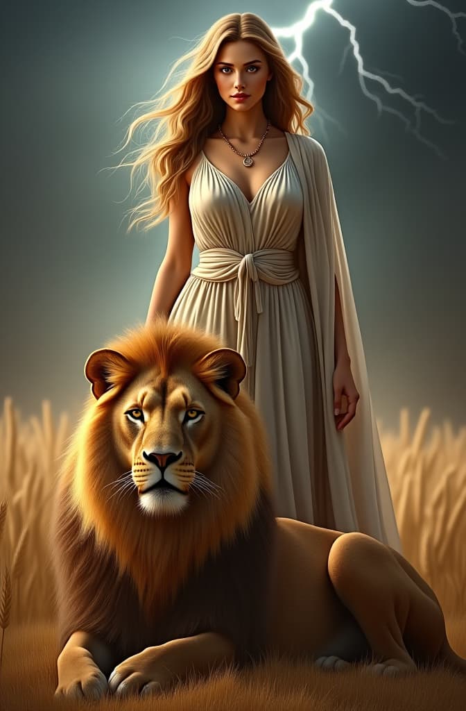  a beautiful virgo greek goddess stands. she has light brown flowing hair and big eyes. a majestic lion lies at her feet. they both look intently into the camera. elements of wheat and lightning appear in the image. there is a cosmic looking background. hyperrealistic, full body, detailed clothing, highly detailed, cinematic lighting, stunningly beautiful, intricate, sharp focus, f/1. 8, 85mm, (centered image composition), (professionally color graded), ((bright soft diffused light)), volumetric fog, trending on instagram, trending on tumblr, HDR 4K, 8K