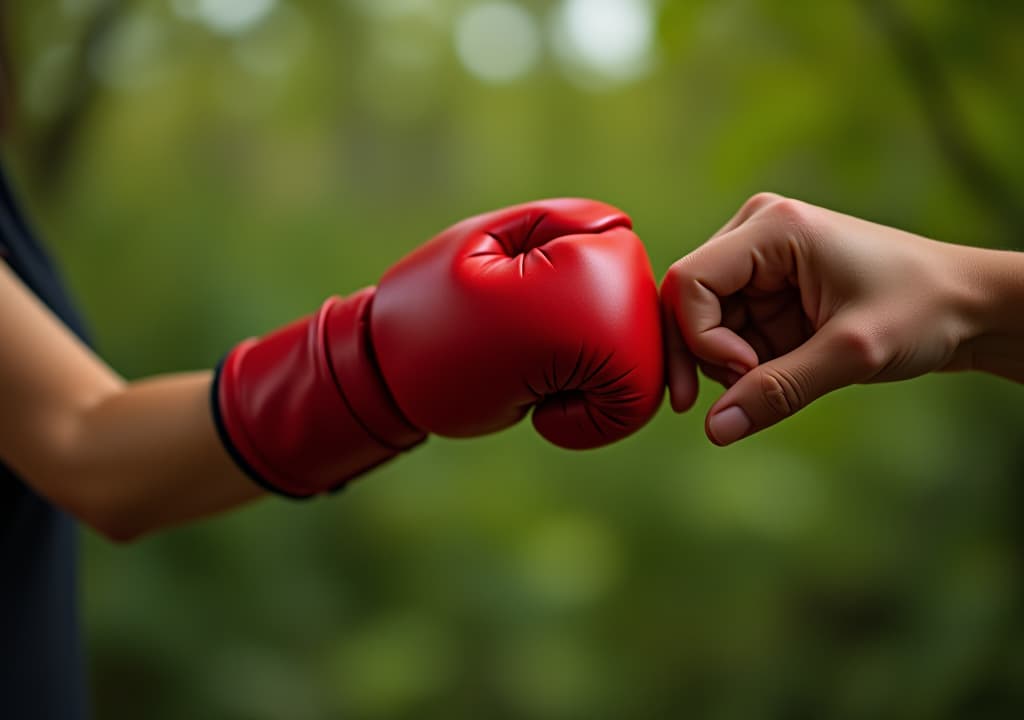  woman arm and hand is wearing boxing grove and is hooking or fighting with someone or against something, breast cancer campaign.