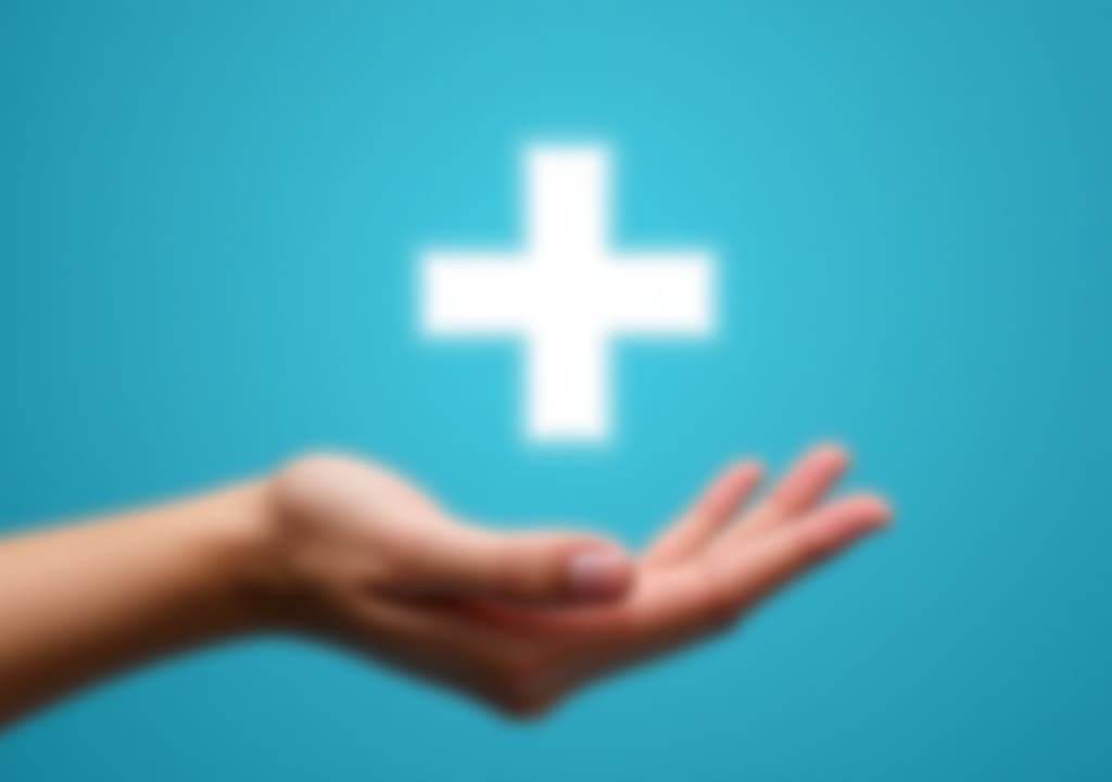  hand holding plus icon on blue background. plus sign virtual means to offer positive thing like benefits, personal development, social network