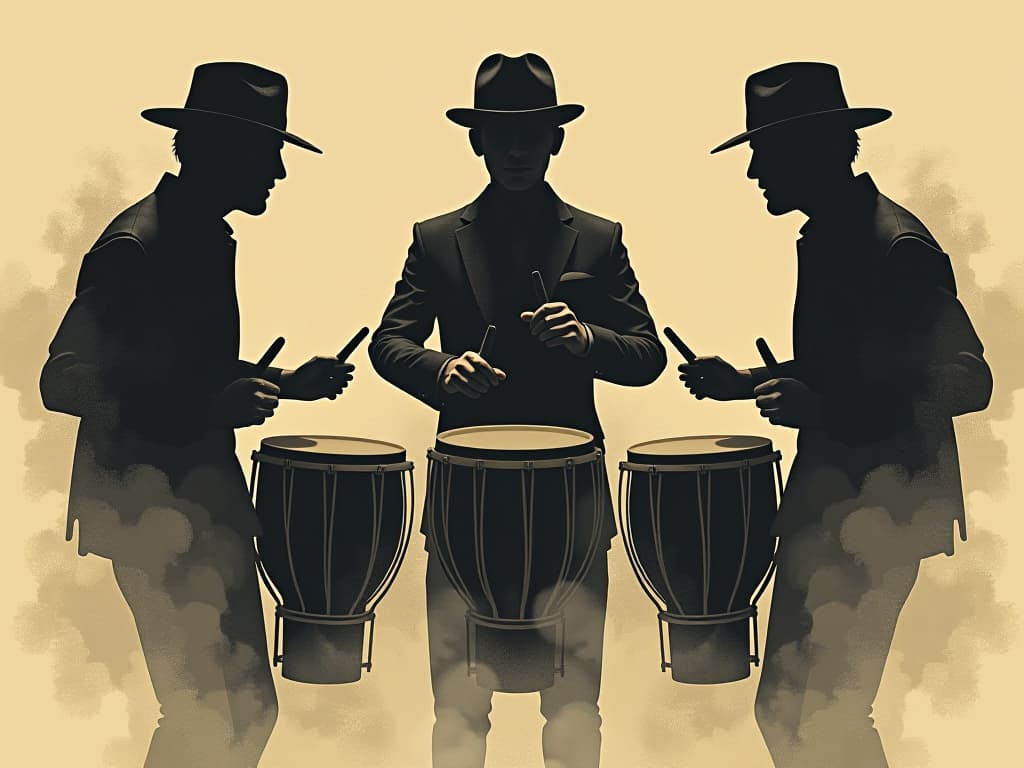  design a logo, in a surrealism style. 3 sombras de manos de hombres tocando tambores