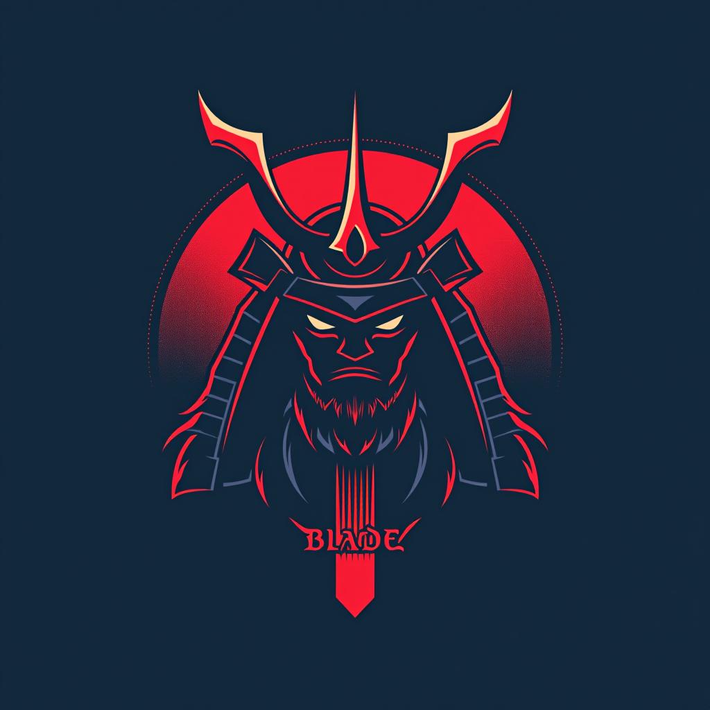  design a logo, emblem logo, with the written text ‘blade’, samurai theme, red and blue.