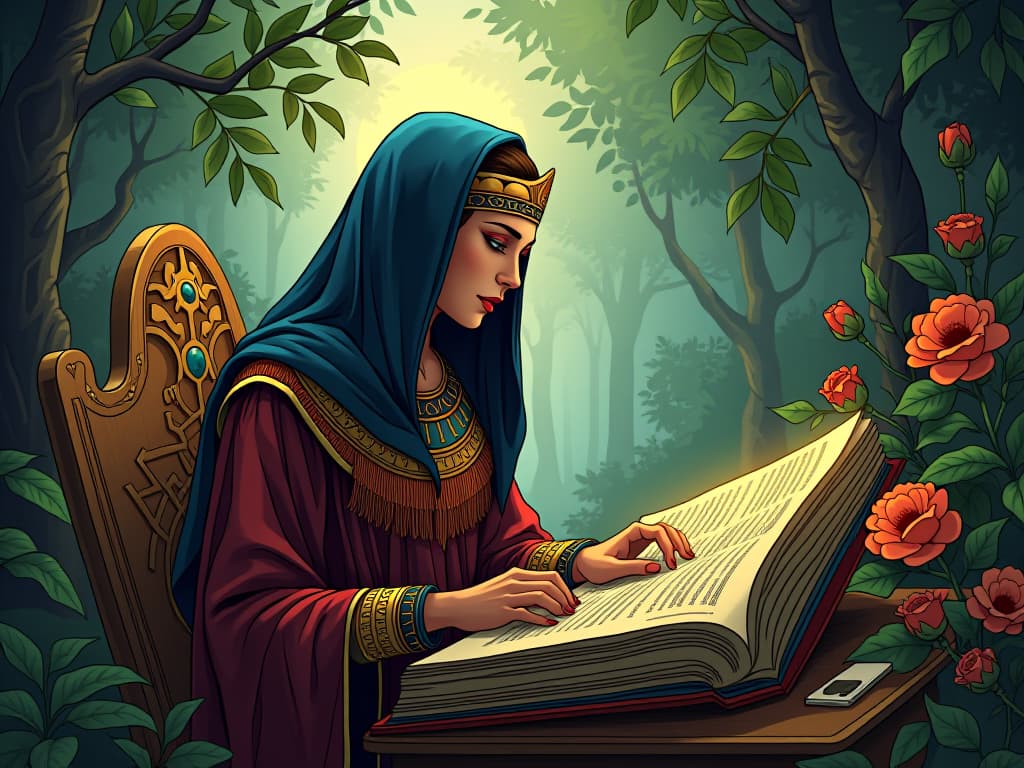  hildegard of bingen composing music, her surroundings filled with lush flora, radiating creativity and inspiration. the style is digital art illustration / modern comic book / mysterious occult, symbolic, esoteric vibe,high detail on character design, incorporating ancient egyptian symbology and attire.