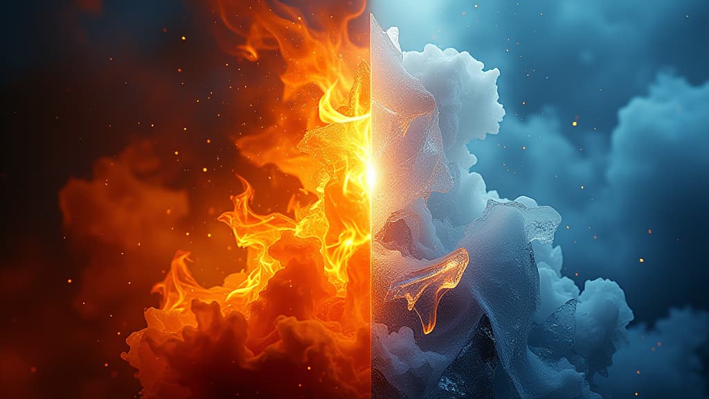  fire and ice, hot and cold concept. peace and war, joy and sorrow, truth and lies, beauty and ugliness