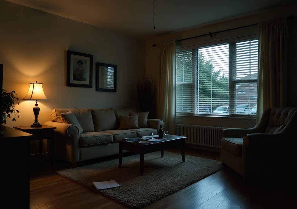  a hyper realistic image of a dimly lit living room in a suburban home. the room is furnished with a simple beige couch, a coffee table, and a large window with the blinds partially drawn. there’s a sense of disorder—scattered papers and a glass of wine knocked over on the table. the lighting is faint, with shadows creating an eerie atmosphere, suggesting it’s late in the evening, high quality, high details, hd, perfect composition, 4k epic detailed, highly detailed, sharp focus, high resolution