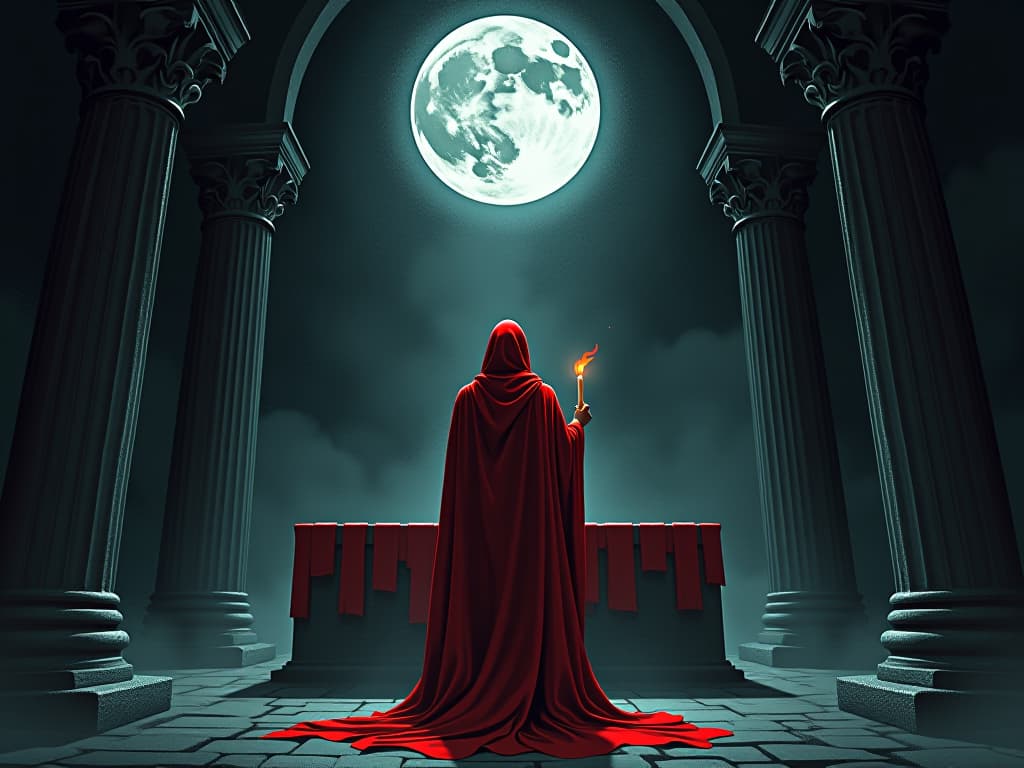  person in red robes, standing before an ancient altar, holding a candle, aura of atonement, moonlight casting shadows. the style is digital art illustration / modern comic book / graphic dark novel fantasy and mysterious occult, symbolic, moody lighting, esoteric vibe,high detail on character design. for the color scheme emphasize blacks and reds.