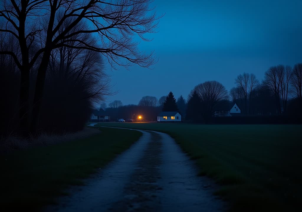  path at night leading to a small neighborhood in the distance