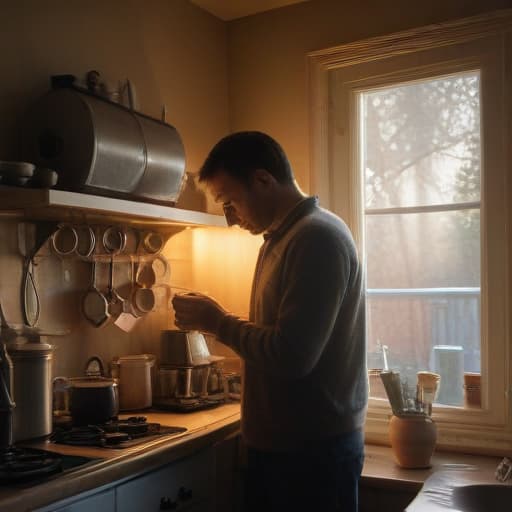 A photo of a repair technician diligently examining a steaming coffee maker in a cozy, cluttered kitchen during the tranquil late afternoon light filtering in through a nearby window, casting warm and inviting shadows over the scene.