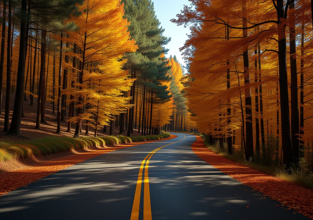  autumn leaves on road in pine forest