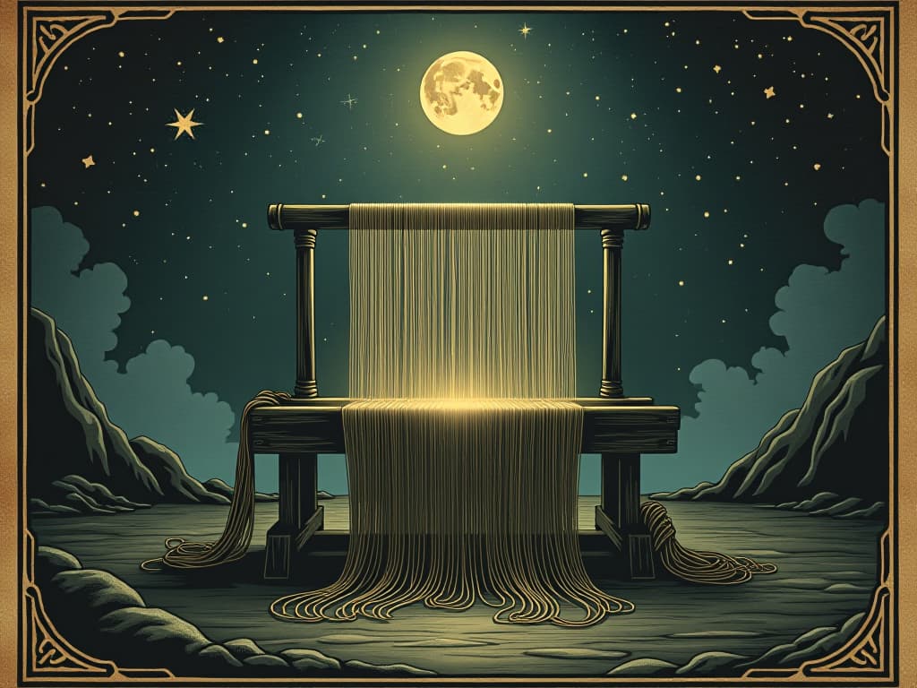  an ancient loom, ethereal threads glowing with faint light, loom set within a vast cosmic backdrop, stars twinkling. an illustration in the style of a worn, mystical old tarot trump card, mysterious and elements of surrealism. the colors are muted, somber and eerie, but with contrast bring out an occult and esoteric vibe.