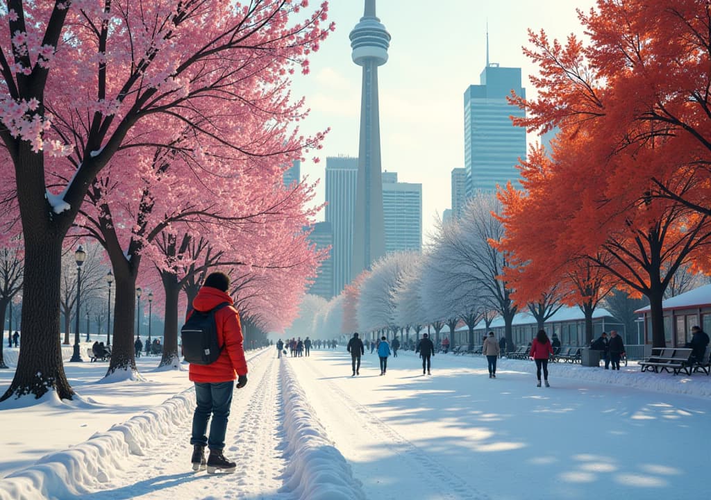  a picturesque collage showcasing the seasonal changes in toronto, featuring vibrant cherry blossoms in spring, lively scenes from summer festivals like caribana, colorful autumn foliage in high park, and a cozy winter scene with ice skaters at nathan phillips square, capturing the essence of each season’s beauty and charm. hyperrealistic, full body, detailed clothing, highly detailed, cinematic lighting, stunningly beautiful, intricate, sharp focus, f/1. 8, 85mm, (centered image composition), (professionally color graded), ((bright soft diffused light)), volumetric fog, trending on instagram, trending on tumblr, HDR 4K, 8K