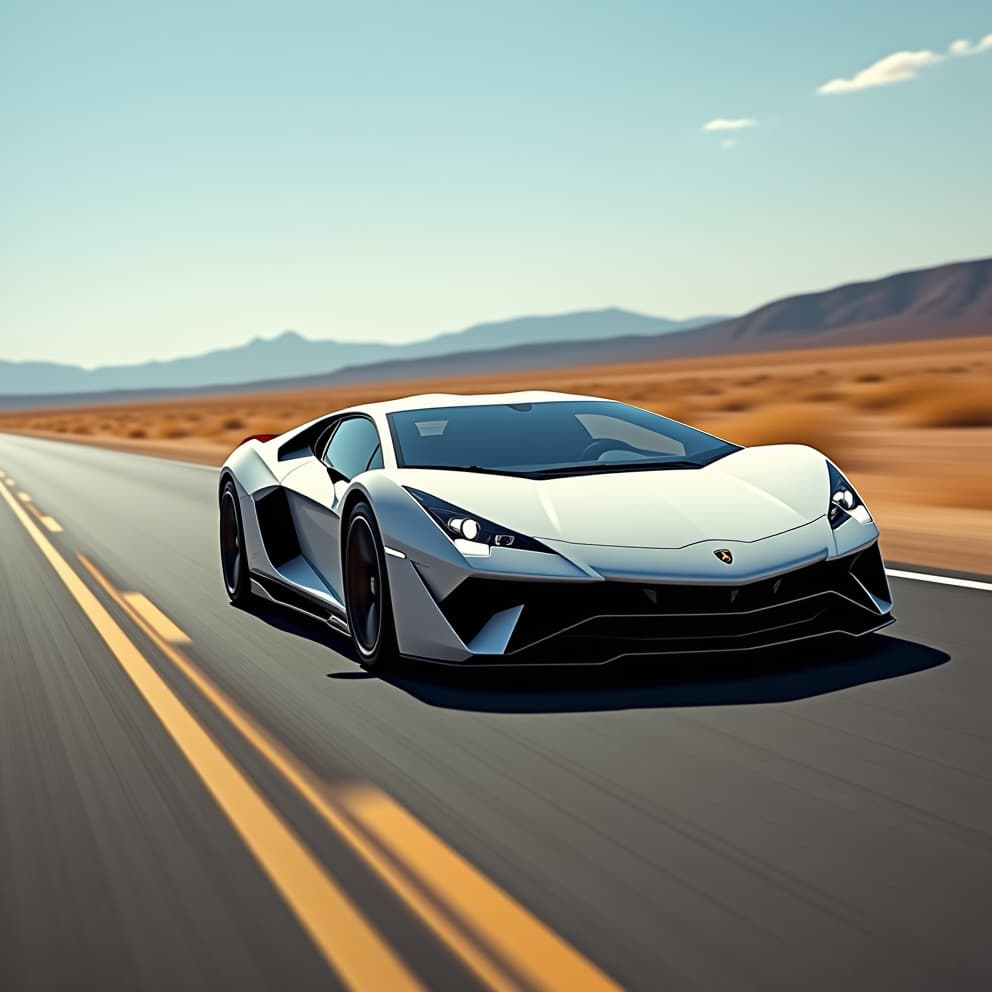  (masterpiece, top quality, ultra detailed, official art, best quality,a sleek, white lamborghini aventador roaring down a deserted asphalt road, the blur of motion behind it, chrome accents gleaming in the sunlight, futuristic and aerodynamic design, hyperrealistic detail, robotic aesthetic