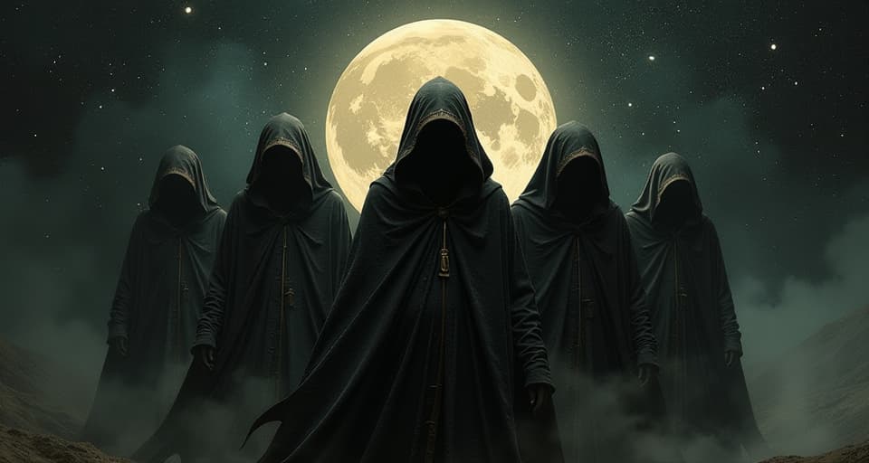  a group of celestial beings, hooded figures, ethereal light, dark cosmic backdrop, silent, watchful. an illustration in the style of a worn, mystical old tarot trump card, mysterious and elements of surrealism. the colors are muted, somber and eerie, but with contrast bring out an occult and esoteric vibe.