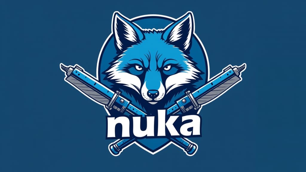  design a logo, un renard bleu et blanc avec des armes , with the text 'nuka'.