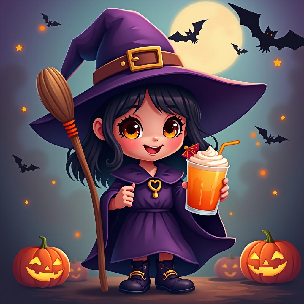  create a digital painting featuring a cute witch character. the witch should be wearing a hat. in one hand, the witch should hold a broomstick, and in the other hand, a halloween themed drink. the background should be colorful and include small black bats, pumpkins and stars to add a playful halloween touch. the overall style should be cute, whimsical, and colorful hyperrealistic, full body, detailed clothing, highly detailed, cinematic lighting, stunningly beautiful, intricate, sharp focus, f/1. 8, 85mm, (centered image composition), (professionally color graded), ((bright soft diffused light)), volumetric fog, trending on instagram, trending on tumblr, HDR 4K, 8K