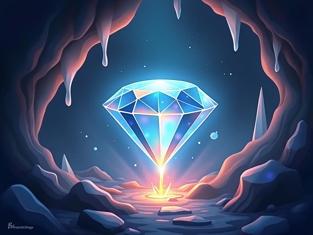  a luminous diamond being formed in an ethereal cave, surrounded by glowing crystals and mystical light. the scene represents the intense process and extreme conditions needed to create a gem of immense value.. the style is digital art illustration,highly detailed, whimsical,magical, dreamlike atmosphere, realism and fantasy blend, smooth, glossy textures,luminous quality, wonder and enchantment.