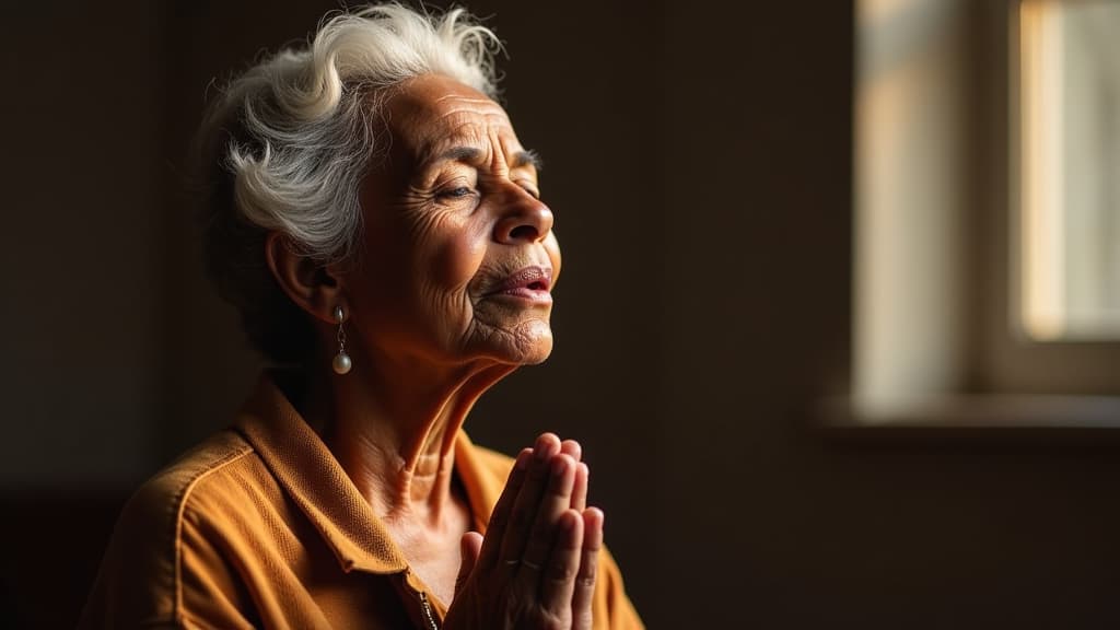  an elderly african american woman prays with her eyes closed ar 16:9 {prompt}, maximum details