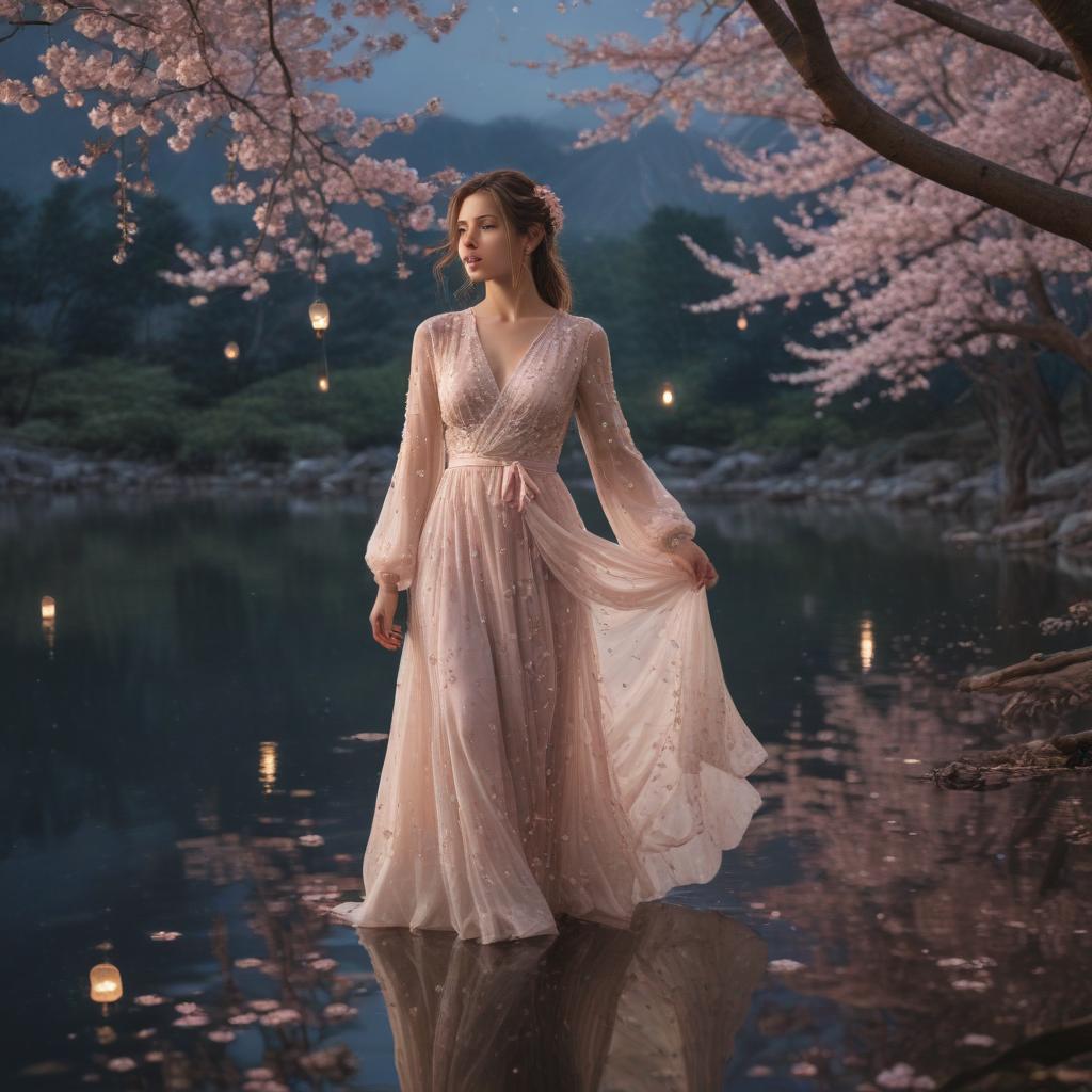 ((masterpiece)),(((best quality))), 8k, high detailed, ultra detailed, A girl wearing a flowing dress, cherry blossom petals falling around her, (a tranquil pond reflecting the moon), lanterns hanging from trees, mountains in the background hyperrealistic, full body, detailed clothing, highly detailed, cinematic lighting, stunningly beautiful, intricate, sharp focus, f/1. 8, 85mm, (centered image composition), (professionally color graded), ((bright soft diffused light)), volumetric fog, trending on instagram, trending on tumblr, HDR 4K, 8K