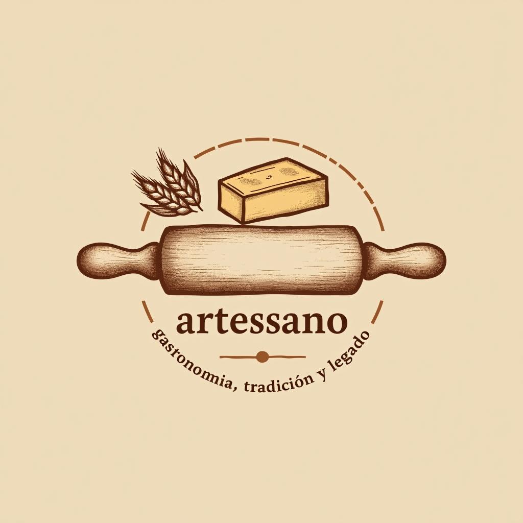  design a logo, in a pencil style. marca “artessano” agregar elemento de repostería como rolling pin, stick of butter, ear of wheat, flour light colors and shades of brown minimalista, simple y elegante, with the text 'gastronomía, tradición y legado '.