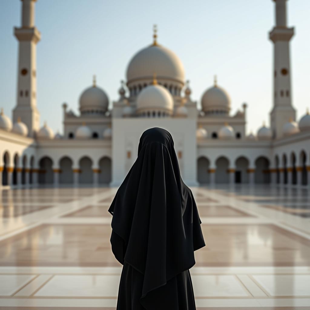  a muslim girl in black clothing is standing with her back to us, looking at the mosque.