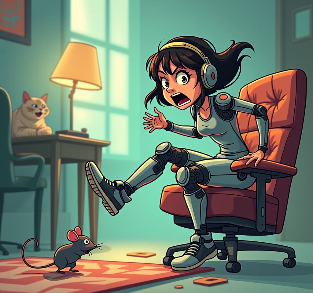  cybernetic style a humorous illustration. a very frightened woman jumped onto a chair with her feet, which is being chased by a small mouse. (a cat laughs in the background:1.3). exaggerated facial expressions and movements, body language, bright colors, cartoon style. . futuristic, technological, cybernetic enhancements, robotics, artificial intelligence themes hyperrealistic, full body, detailed clothing, highly detailed, cinematic lighting, stunningly beautiful, intricate, sharp focus, f/1. 8, 85mm, (centered image composition), (professionally color graded), ((bright soft diffused light)), volumetric fog, trending on instagram, trending on tumblr, HDR 4K, 8K