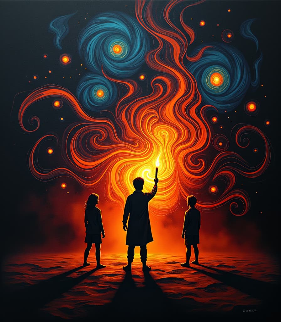  hdr photo of pyrography, silhoutted against bright lightsource, on pale black paper, terracotta, muted colors, hair light, artstation, lego style, warm lighting, psychobilly, triadic colors, broad lighting, impasto, sots art, cathode tube, unity engine, a surreal, abstract scene with swirling patterns reminiscent from above fills an air filled with colorful colors. at first sight of it seems like "fexitive, and radiant", as it is written by three people wieds the torch, gazily at it from high behind, seemingly lost within their reach as it transformates into its otherworldly world with each move that makes you feel very strong and beautiful. heidelberg school, side lit, spotlight, gloompunk, monochrome, divisionism, alfonso cuaron, candle l hyperrealistic, full body, detailed clothing, highly detailed, cinematic lighting, stunningly beautiful, intricate, sharp focus, f/1. 8, 85mm, (centered image composition), (professionally color graded), ((bright soft diffused light)), volumetric fog, trending on instagram, trending on tumblr, HDR 4K, 8K