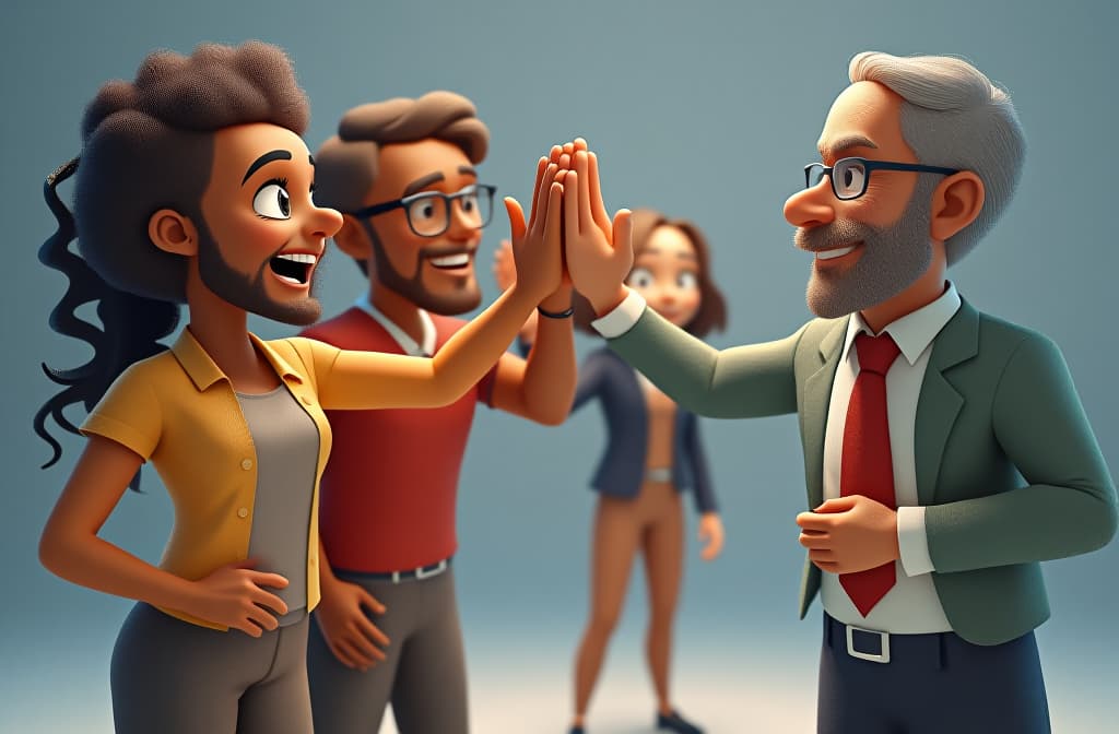  funny 3d cartoon illustration of a team of colleagues giving each other high fives, showcasing gender and cultural diversity, character to the right, copyspace to the left ar 3:2 {prompt}, maximum details