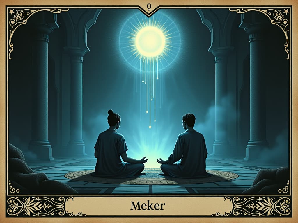  individuals meditating in a serene and holy environment, soft blue light illuminating the space, subtle shimmering aura around, communion with the divine. an illustration in the style of a worn, mystical old tarot trump card, mysterious and elements of surrealism. the colors are muted, somber and eerie, but with contrast bring out an occult and esoteric vibe.