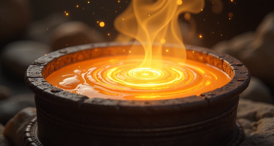  a close up of molten gold being carefully refined in a magical, glowing crucible. the surrounding atmosphere sparkles with pure, ethereal light, indicating the transformation process. the mood is one of intense refinement and sacred transformation.. the style is digital art illustration,highly detailed, whimsical,magical, dreamlike atmosphere, realism and fantasy blend, smooth, glossy textures,luminous quality, wonder and enchantment.