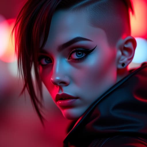  ultra realistic close up portrait ((beautiful pale cyberpunk female with heavy black eyeliner)), blue eyes, shaved side haircut, hyper detail, cinematic lighting, magic neon, dark red city, canon eos r3, nikon, f/1.4, iso 200, 1/160s, 8k, raw, unedited, symmetrical balance, in frame, 8k hyperrealistic, full body, detailed clothing, highly detailed, cinematic lighting, stunningly beautiful, intricate, sharp focus, f/1. 8, 85mm, (centered image composition), (professionally color graded), ((bright soft diffused light)), volumetric fog, trending on instagram, trending on tumblr, HDR 4K, 8K