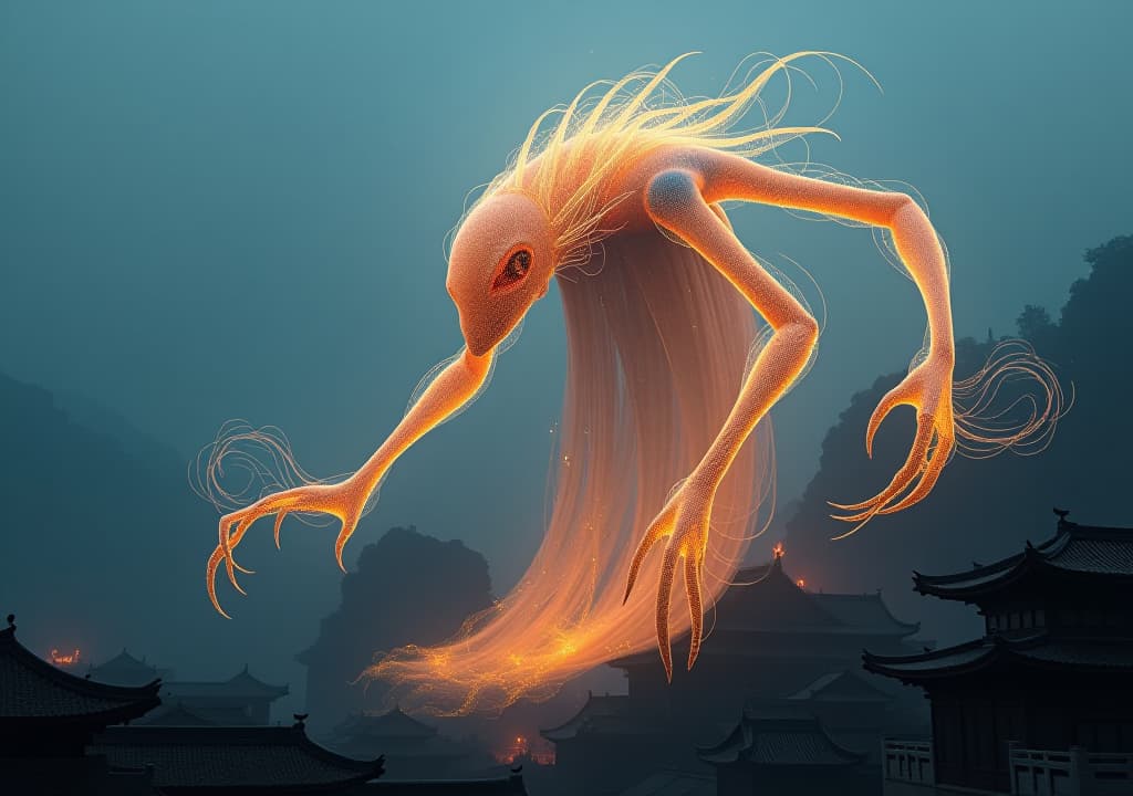  a detailed, otherworldly creature made of translucent, glowing fabric and hollow cybernetic threads looms over a traditional chinese village at dusk. incorporate light particles, double exposure, and bold, unsettling contrasts for a striking, award winning concept art piece