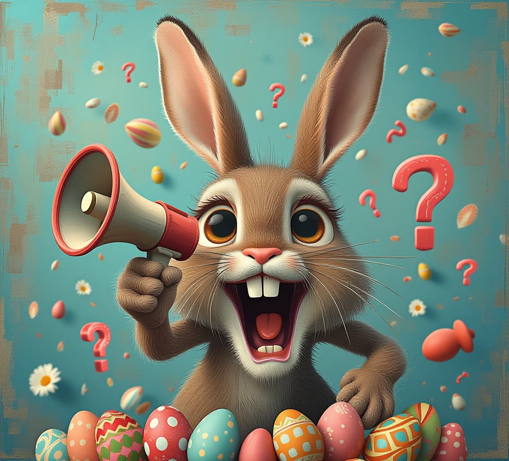  art collage. a crazy easter bunny with a megaphone. promotion, action, holiday, ad, job questions. vacancy. business discount concept, communication, information, news, team media relation, high quality, high details, hd, perfect composition, 4k epic detailed, highly detailed, sharp focus, high resolution