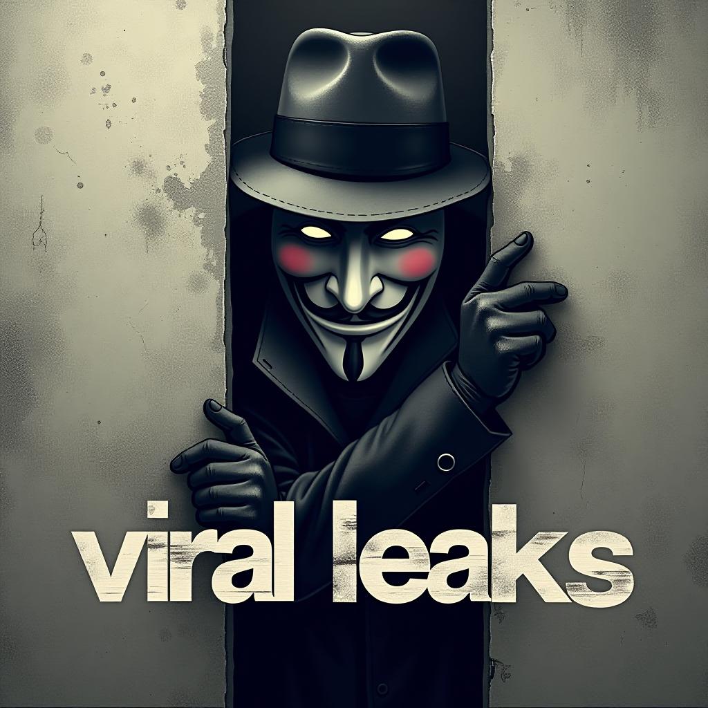  good quality, high quality, a anonymous hide face for "viral leaks," featuring a realistic character wearing a trench coat and hat, peeking out from behind a wall with a mischievous grin. the text "viral leaks" is styled in a hacker font with subtly integrated into the design, representing the idea of leaks.