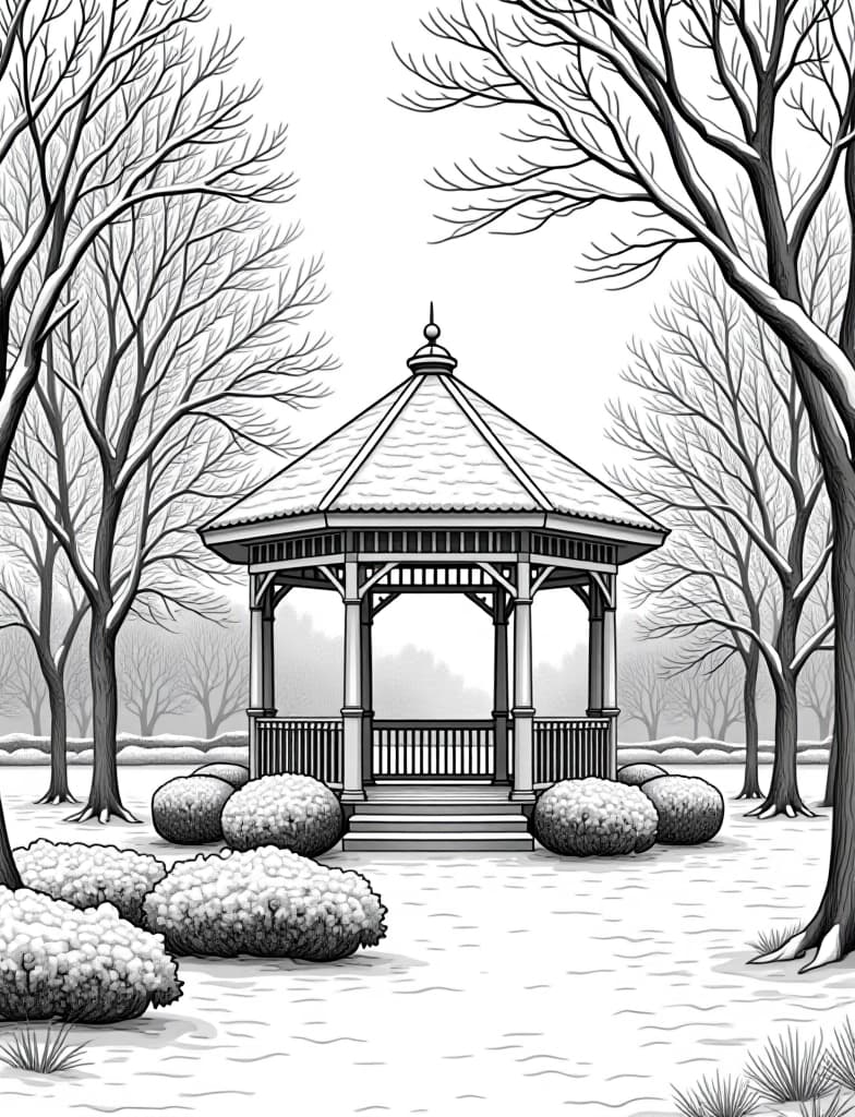  this is for an adult coloring page. a detailed black and white line art of a snowy snow covered gazebo in a winter park on a solid white background.