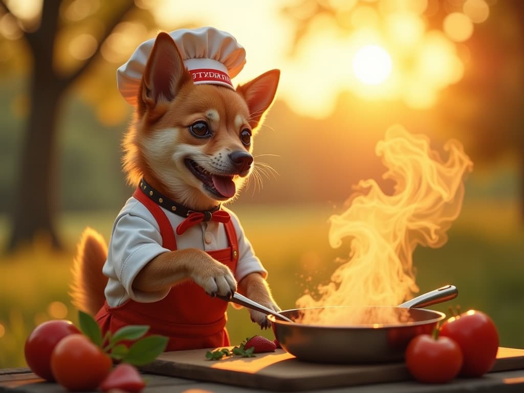  a landscape image featuring a cute joyful dog dressed as a chef, cooking food outdoors during sunrise. the scene should have a warm, golden light from the rising sun. in the foreground, there's a nearby glass surface (like a window or mirror) with the text 'suprabhatam gaura' written on it, as if drawn by steam or condensation. the overall atmosphere should be cheerful and inviting, with the dog's culinary activities as the focal point set against the beautiful sunrise backdrop. seemless text "suprabhatam gaura" hyperrealistic, full body, detailed clothing, highly detailed, cinematic lighting, stunningly beautiful, intricate, sharp focus, f/1. 8, 85mm, (centered image composition), (professionally color graded), ((bright soft diffused light)), volumetric fog, trending on instagram, trending on tumblr, HDR 4K, 8K