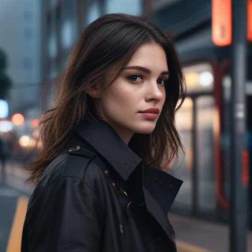 Create a hyper realistic picture of me . Wearing a black trench coat with tired face and waiting on the bus stand. in Cinematic style with City background