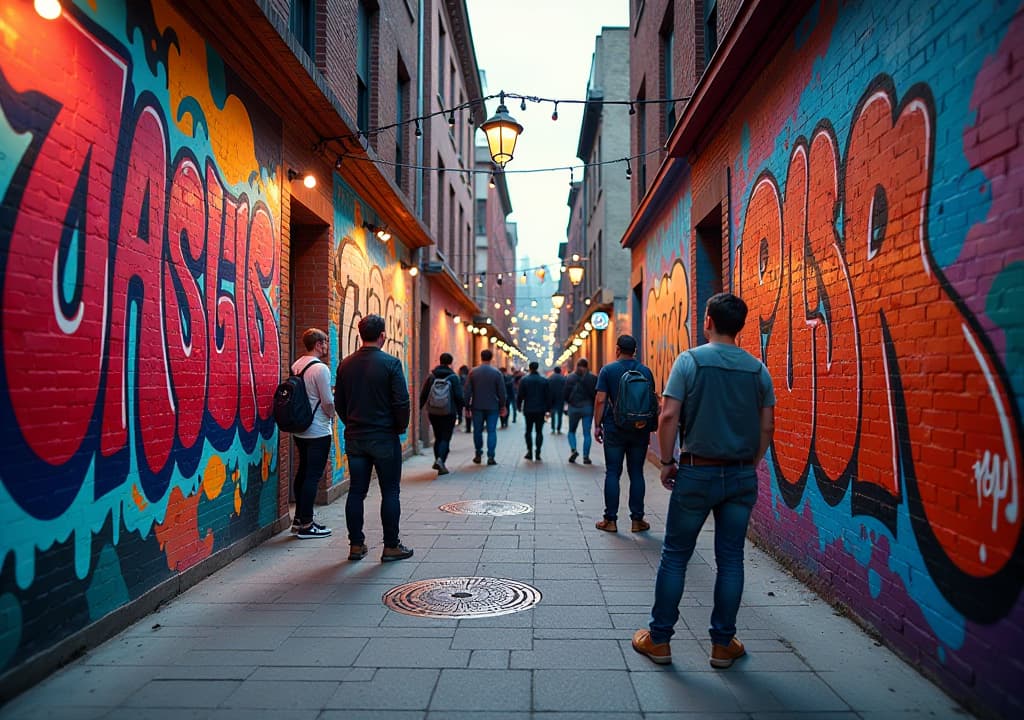  a colorful and dynamic view of graffiti alley in toronto, showcasing vibrant street art murals created by local artists, with visitors admiring the artwork, artists at work, and the lively atmosphere filled with creativity and urban expression. hyperrealistic, full body, detailed clothing, highly detailed, cinematic lighting, stunningly beautiful, intricate, sharp focus, f/1. 8, 85mm, (centered image composition), (professionally color graded), ((bright soft diffused light)), volumetric fog, trending on instagram, trending on tumblr, HDR 4K, 8K