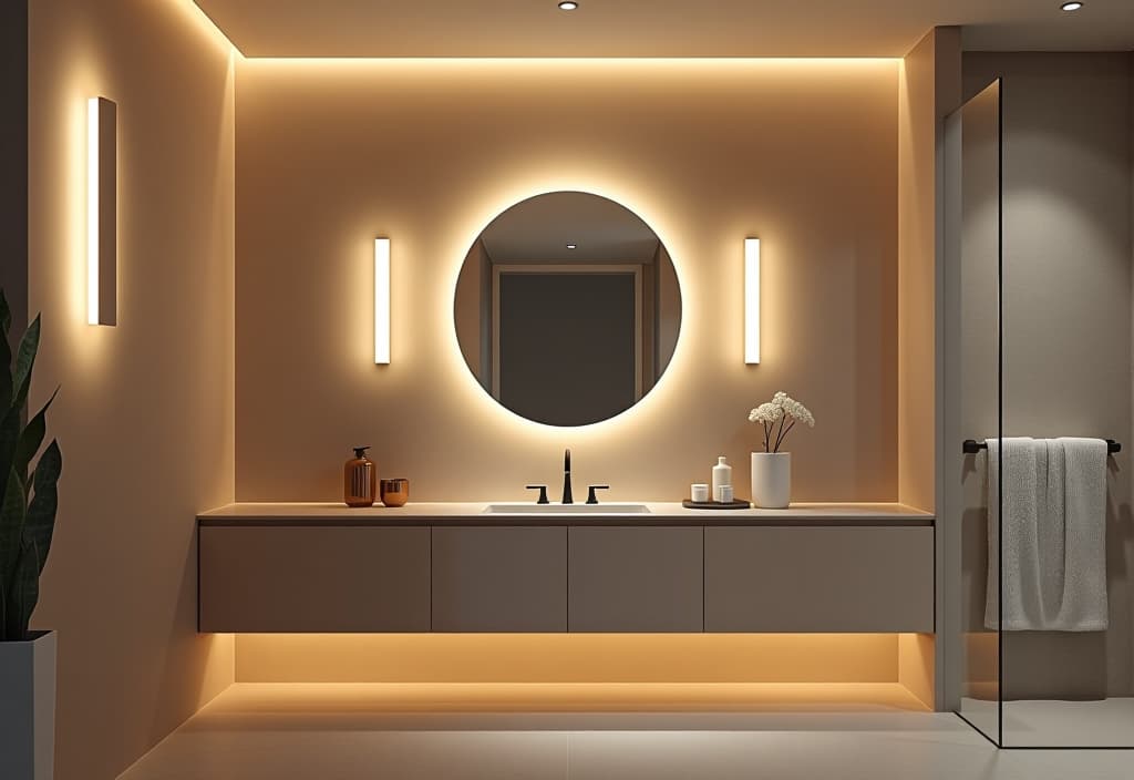  a landscape photo of a minimalist infographic showing different vanity lighting options (e.g., sconces, bars, pendants) and their effects on various skin undertones hyperrealistic, full body, detailed clothing, highly detailed, cinematic lighting, stunningly beautiful, intricate, sharp focus, f/1. 8, 85mm, (centered image composition), (professionally color graded), ((bright soft diffused light)), volumetric fog, trending on instagram, trending on tumblr, HDR 4K, 8K