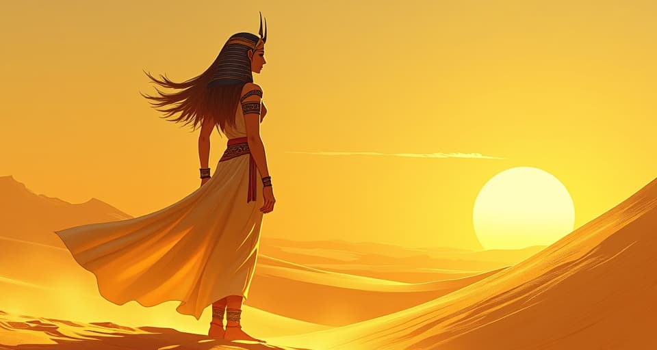  golden sands of the desert, breeze dissipating lingering shadows, atmosphere of release and liberation.. the style is digital art illustration / modern comic book / mysterious occult, symbolic, esoteric vibe,high detail on character design, incorporating ancient egyptian symbology and attire.