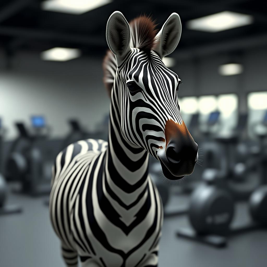  the zebra is working out at the fitness club.