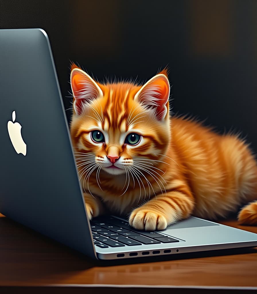  breathtaking masterpiece. (painting, oil painting. red kitty lying on an open laptop on the keyboard, the label “apple” on the lid of the laptop is visible, looking into the computer:1.5). close up. highly detailed strokes, clarity. fantasy style, surrealism. . award winning, professional, highly detailed hyperrealistic, full body, detailed clothing, highly detailed, cinematic lighting, stunningly beautiful, intricate, sharp focus, f/1. 8, 85mm, (centered image composition), (professionally color graded), ((bright soft diffused light)), volumetric fog, trending on instagram, trending on tumblr, HDR 4K, 8K