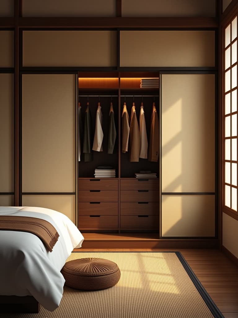  high quality portrait photo of a japanese inspired bedroom with a sleek built in closet system featuring shoji screen doors and tatami mat flooring hyperrealistic, full body, detailed clothing, highly detailed, cinematic lighting, stunningly beautiful, intricate, sharp focus, f/1. 8, 85mm, (centered image composition), (professionally color graded), ((bright soft diffused light)), volumetric fog, trending on instagram, trending on tumblr, HDR 4K, 8K